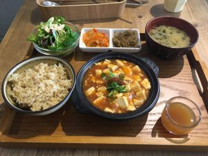 mapo tofu combo meal with fruit vinegar drink for digestion.  at Flourish 元禾食堂 - Yuán Hé ShíTáng in Taipei