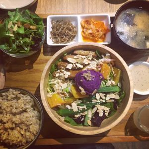 Set meal of tempeh salad,rice,miso,salad,pickles and kombucha. at Flourish 元禾食堂 - Yuán Hé ShíTáng in Taipei