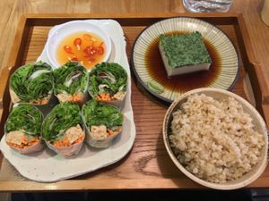 A la carte summer rolls, tofu and rice. All delicious! at Flourish 元禾食堂 - Yuán Hé ShíTáng in Taipei