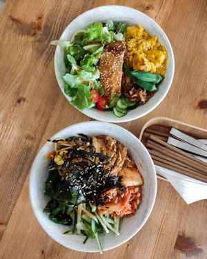 (From top) Scrambled tofu rice bowl and Kimchi rice bowl at Flourish 元禾食堂 - Yuán Hé ShíTáng in Taipei