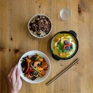 (From top) Taiwanese minced meat brown rice, coconut curry pot, sweet and sour tofu at Flourish 元禾食堂 - Yuán Hé ShíTáng in Taipei