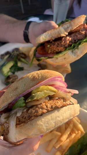 Vegan Mushroom Burger with black bean patty, and Vegan Supreme with Beyond burger at Priest Station Cafe in Big Oak Flat