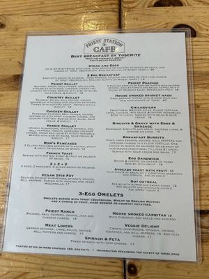 Breakfast menu   at Priest Station Cafe in Big Oak Flat