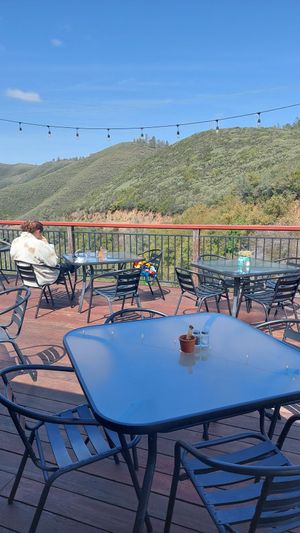 Outside sitting area at Priest Station Cafe in Big Oak Flat