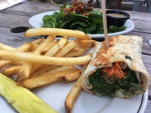 Vegan wrap and spinach salad w/beets and crispy parsnips at McCoy's Public House in Kansas City