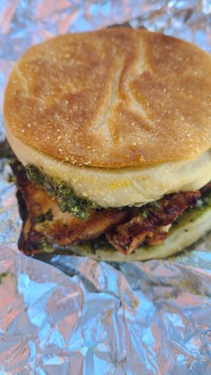 Pesto tofu sandwich on housemade English muffin at Holey Rollers Bakery in Oklahoma City