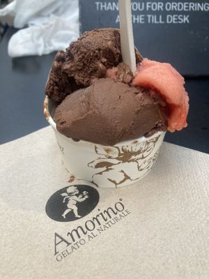 Dark chocolate and blood orange/ginger ice cream   at Amorino in Valletta
