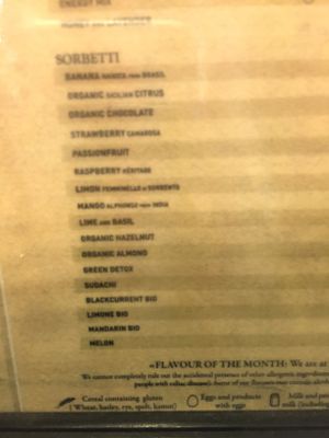 Vegan ice cream menu  at Amorino in Valletta