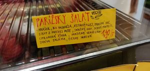 The ingredients of Parížský šalát (peas, veg bio mayo, rapeseed oil, sea salt, brown rice syrup, apple cider vinegar, soya protein, lemon juice, mustard seed, soya ham, black  at AkoRepa in Presov