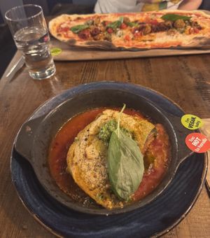 Vegan meatball pizza and rainbow lasagna   at Zizzi in Newcastle Upon Tyne