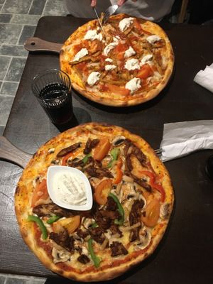 Pizza nr 8 (bottom) and 10 (top) from the vegan menue  at La Famiglia in Gavle