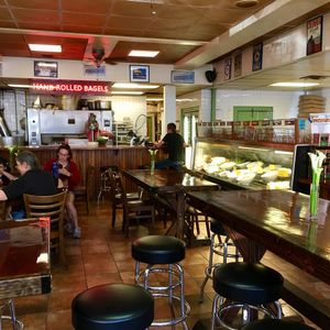 Inside seating at Gotham Bagels in Madison