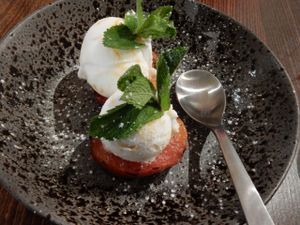 Roasted nectarine with sorbet (vegan dessert option.) at Zizzi in Chislehurst