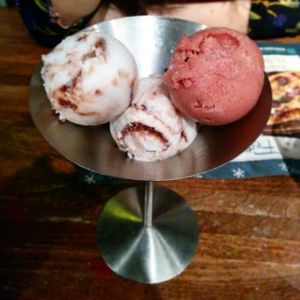 Vegan coconut icecream and strawberry sorbet at Zizzi in Exeter