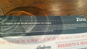 Vegan menu at Zizzi in East Molesey