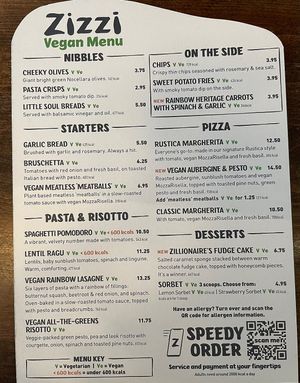 Big vegan menu  at Zizzi in Inverness