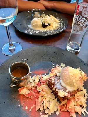 Raspberry, white chocolate and pecan brownie and salted caramel chocolate brownie. at Zizzi in Inverness