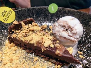 Sticky chocolate and praline torte with coconut gelato at Zizzi in Leamington Spa