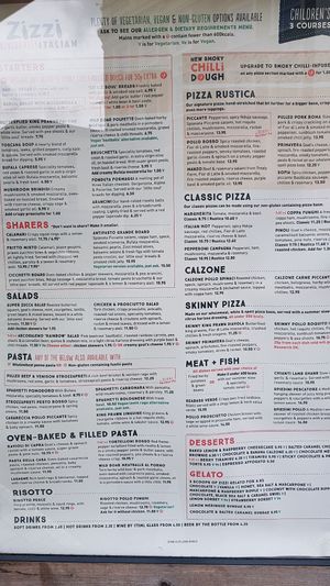 Main menu at Zizzi - Earls Court in South West London