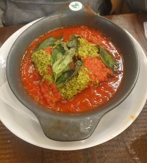 Vegan Rainbow Lasagne: Six layers of pasta with a rainbow of fillings: butternut squash, beetroot & red onion and spinach. Oven-baked in a slow-roasted tomato sauce, topped with pe at Zizzi - Trafford Centre in Manchester