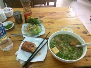 Noodle soup and tofu  at A Di Da Phat in Ho Chi Minh City