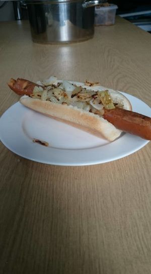 Tofu hot dog with onions at The Burger Garden in Sheffield