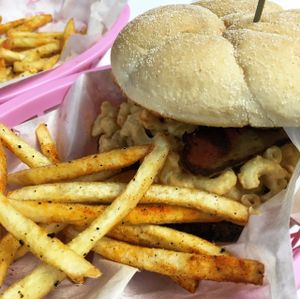 Mac & cheese burger with fries at The Burger Garden in Sheffield
