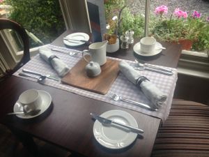 our table with our own soy milk and dairy free spread at The Knoll Country House in Ulverston