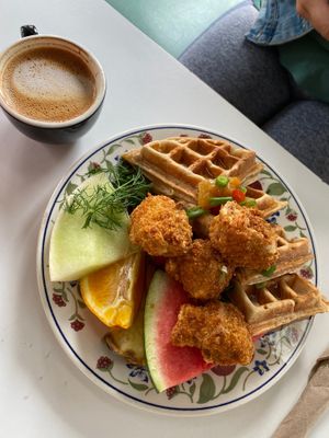 Waffles with “chicken” at Cafe Frida in Trois-rivieres