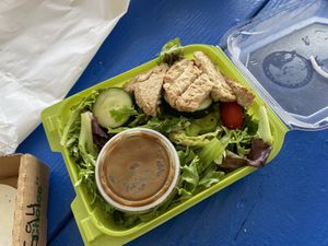 Garden salad with vegan chick’n and balsamic vinaigrette   at Silver Beach Pizza in St Joseph