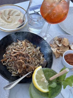 Hummus and lentil dish with drinks   at Le Phenicia in Antibes