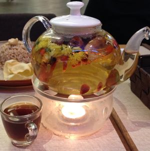 Chrysanthemum and jujube tea (in pot), and ginger tea (in cup) at BMS Organics - Mid Valley City in Kuala Lumpur