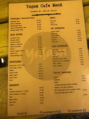 English menu at Yasam Vegan Kafe in Izmir