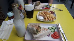 falafel wraps with & without humus, fries and ayran ✨ loved it!! at Yasam Vegan Kafe in Izmir