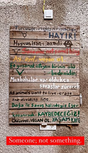Outdoor sign for vegan sayings at Yasam Vegan Kafe in Izmir