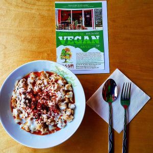 Vegan Turkish ravioli with vegan yoghurt at Yasam Vegan Kafe in Izmir