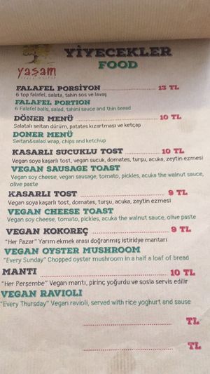 Menu at Yasam Vegan Kafe in Izmir