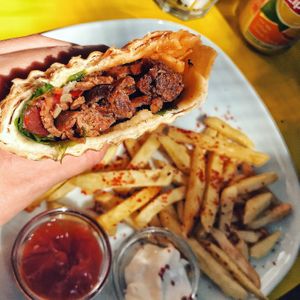 Doner kebab with seitan & chips, yum! at Yasam Vegan Kafe in Izmir