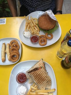 Cheeseburger, döner, onion rings at Yasam Vegan Kafe in Izmir