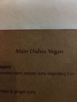 Clearly marked vegan dishes at The Indian Harbor in Fort Lauderdale