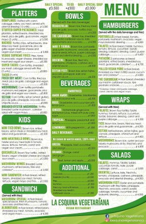 menu at La Esquina Vegana in Heredia