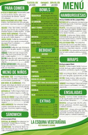 menu at La Esquina Vegana in Heredia