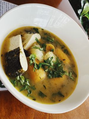Costa Rican "fish" soup, called Rondón. at La Esquina Vegana in Heredia