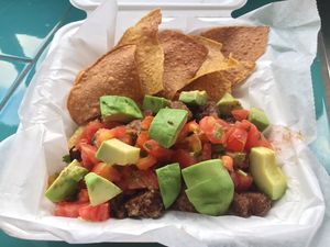 Veggiefrijo bowl 🍲 with chips and avocado at La Esquina Vegana in Heredia