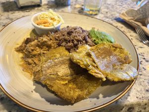 Beans and rice with shredded tofu skin and patacones    at La Esquina Vegana in Heredia