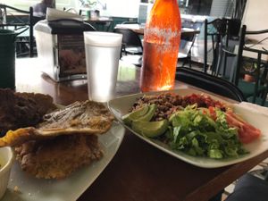 Patacones and pinto con tofu  at La Esquina Vegana in Heredia