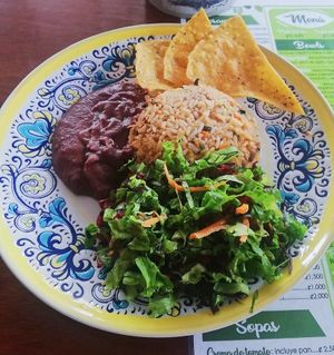 Rice with soy meat and beans at La Esquina Vegana in Heredia