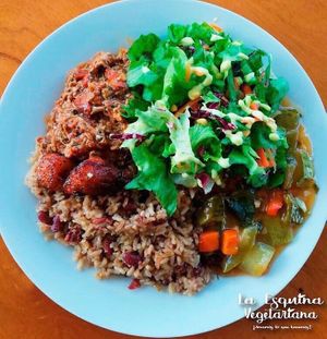 Rice and beans, typical caribbean dish at La Esquina Vegana in Heredia