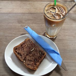 Banana & Walnut Loaf w/ Iced Soy Latte at Blue Sky Cafe in Bangor