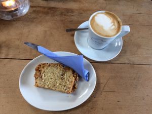 sesame loaf and soya latte at Blue Sky Cafe in Bangor
